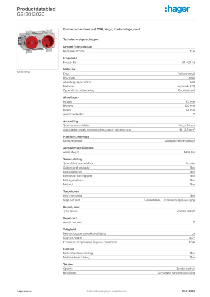 Afbeelding Hager Productdatablad GS12013020 | Hager Nederland