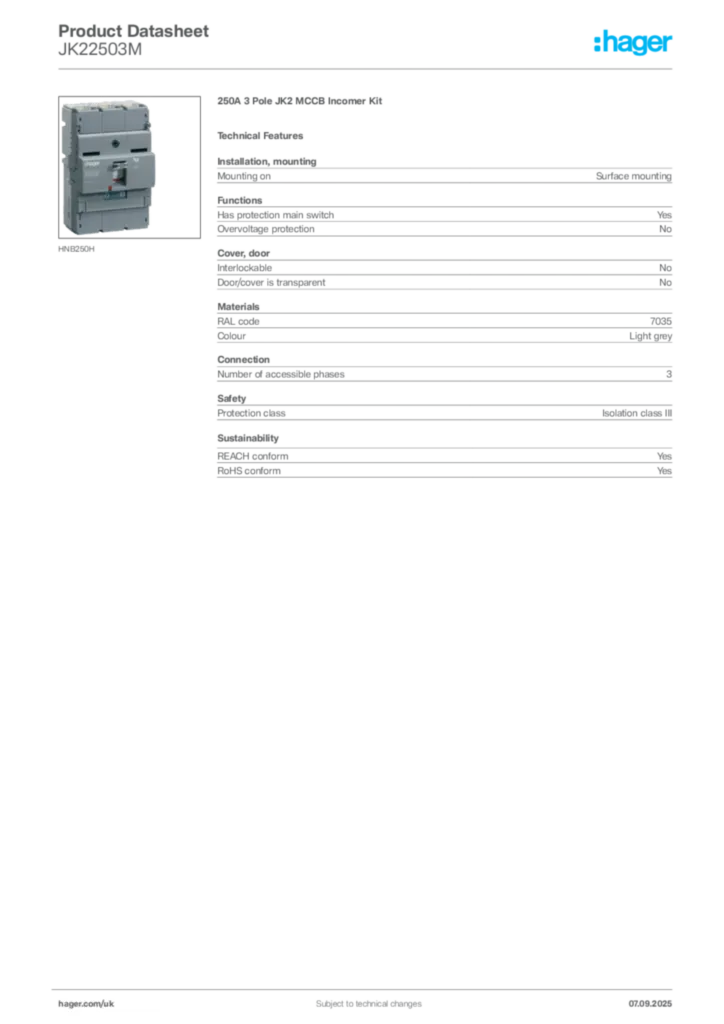 Image Hager Product data sheet JK22503M  | Hager