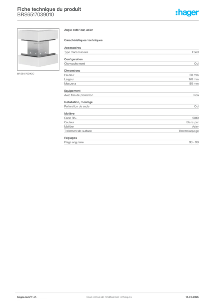 Image Hager Fiche technique du produit BRS6517039010 | Hager Suisse