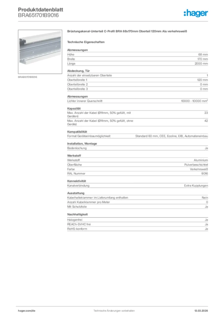 Bild Hager Produktdatenblatt BRA651701B9016 | Hager Deutschland