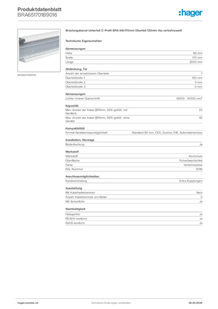 Bild Hager Produktdatenblatt BRA651701B9016 | Hager Schweiz