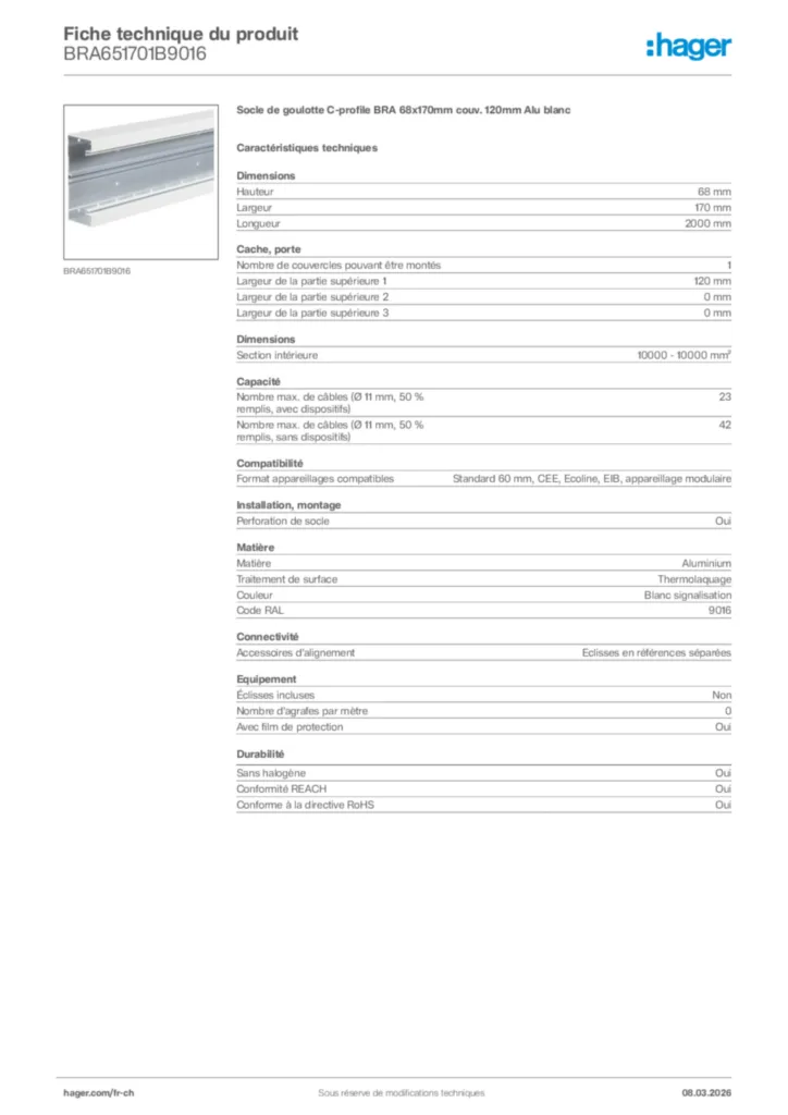 Image Hager Fiche technique du produit BRA651701B9016 | Hager Suisse
