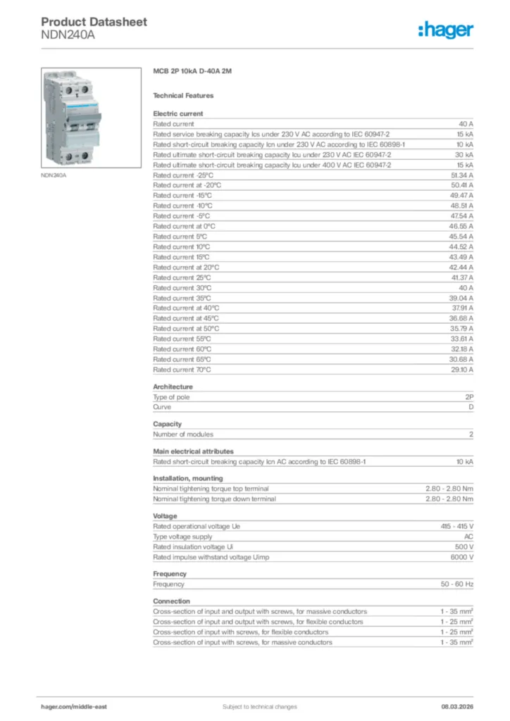 Image Hager Product data sheet NDN240A  | Hager