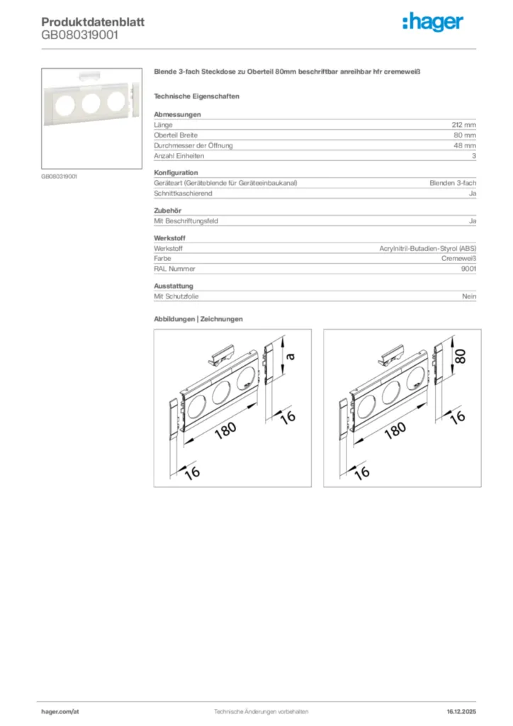 Bild Hager Produktdatenblatt GB080319001 | Hager Deutschland