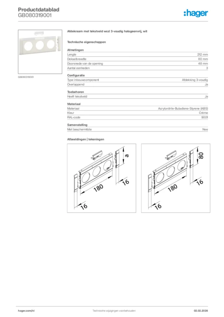 Afbeelding Hager Productdatablad GB080319001 | Hager Nederland