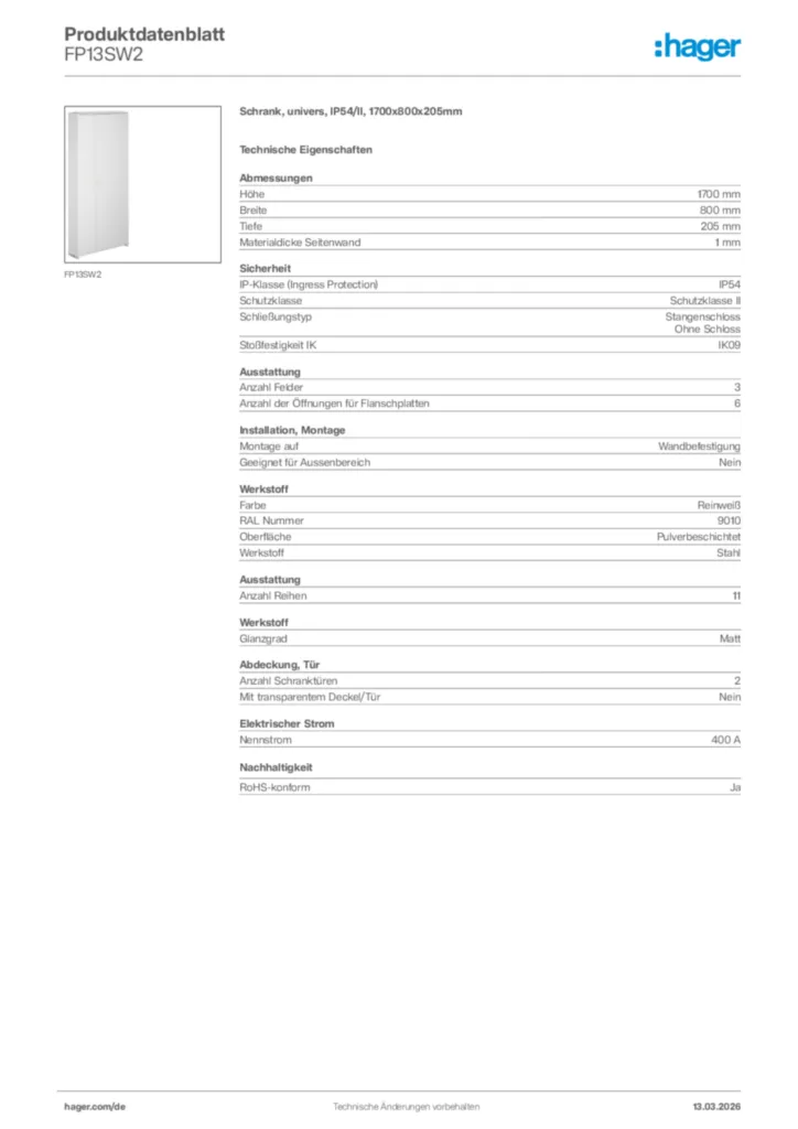 Bild Hager Produktdatenblatt FP13SW2 | Hager Deutschland