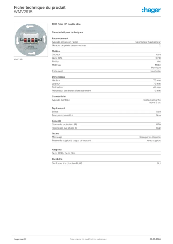 Image Hager Fiche technique du produit WMV291B | Hager France