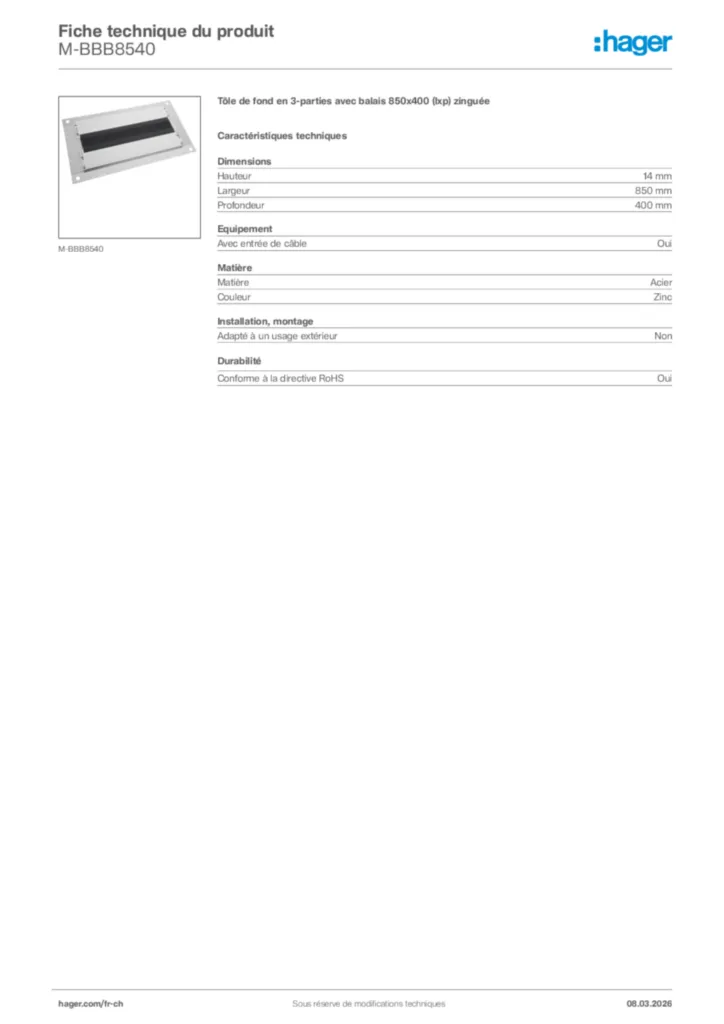 Image Hager Fiche technique du produit M-BBB8540 | Hager Suisse