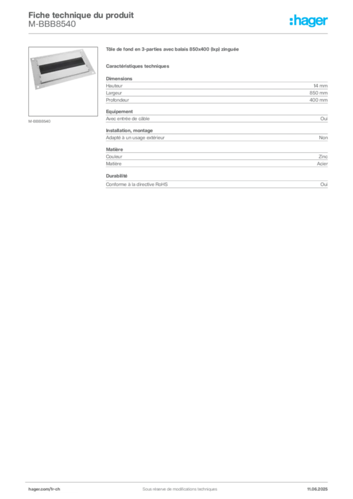 Image Hager Fiche technique du produit M-BBB8540 | Hager Suisse