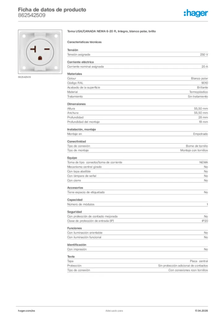 Imagen Hager Ficha de datos de producto 862542509 | Hager España