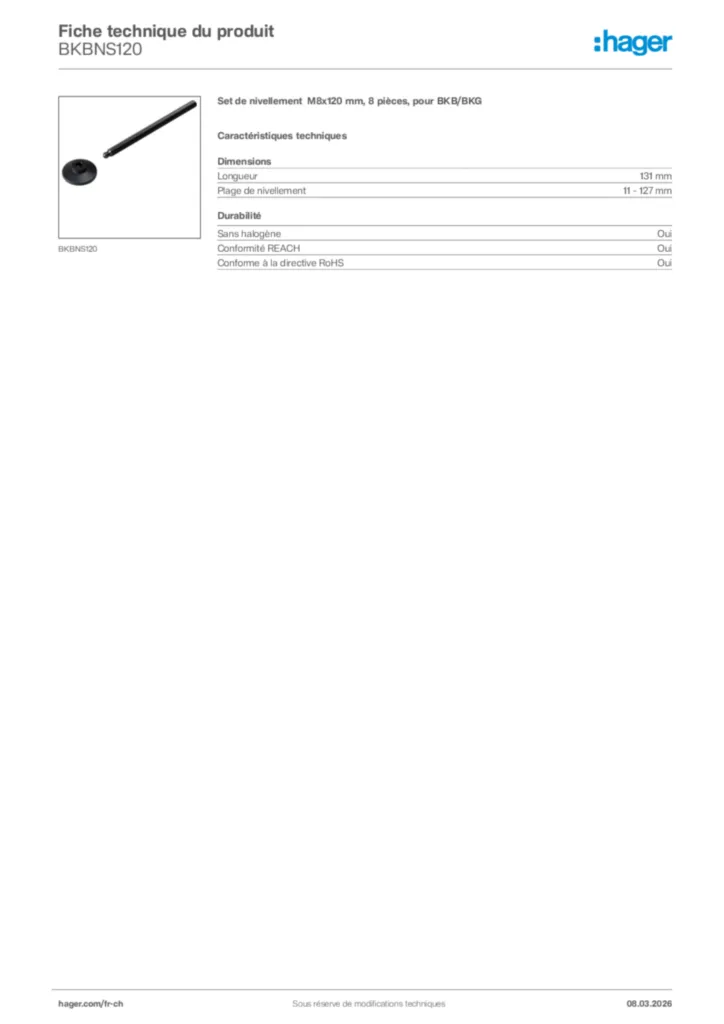 Image Hager Fiche technique du produit BKBNS120 | Hager Suisse