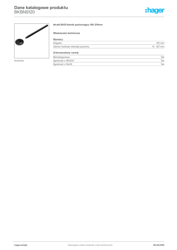 Zdjęcie Hager Karta katalogowa BKBNS120 | Hager Polska