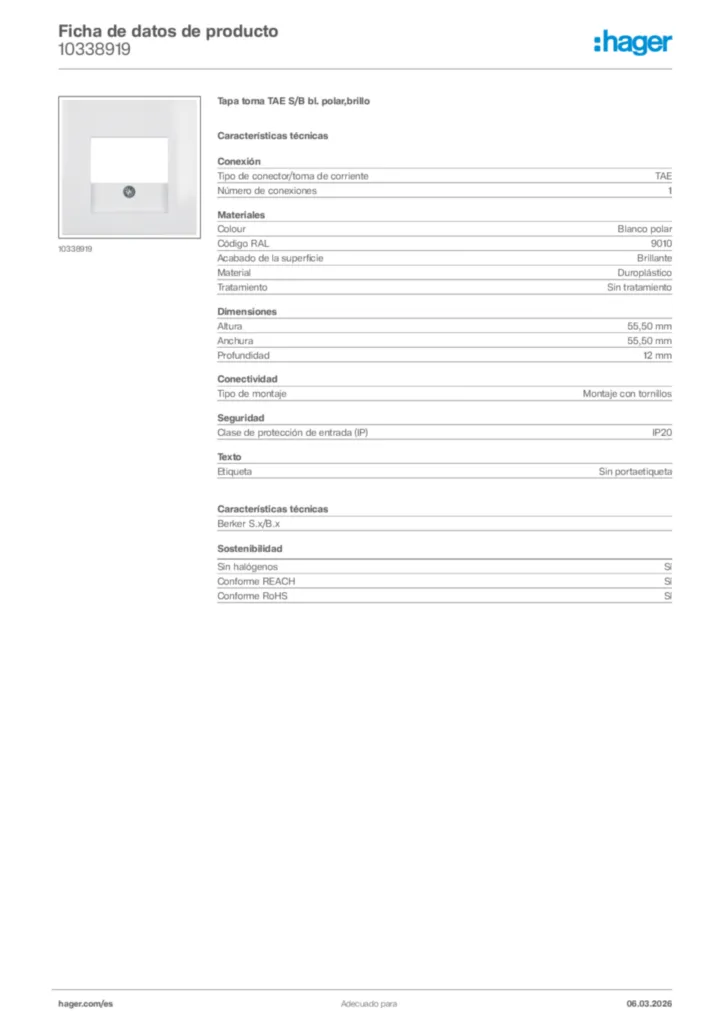 Imagen Hager Ficha de datos de producto 10338919 | Hager España