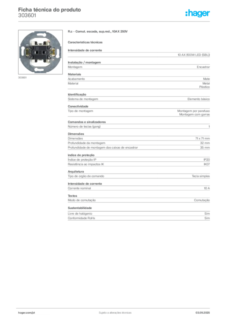 Imagem Hager Ficha técnica do produto 303601 | Hager Portugal