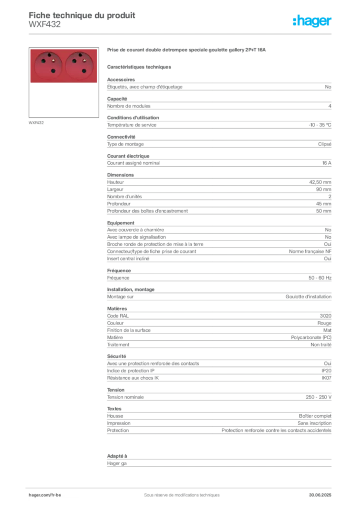 Image Hager Fiche technique du produit WXF432 | Hager Belgique