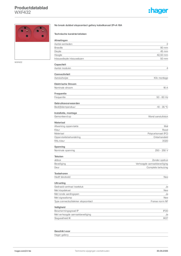 Afbeelding Hager Productdatablad WXF432 | Hager Belgium