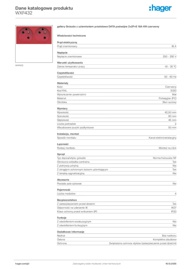 Zdjęcie Hager Karta katalogowa WXF432 | Hager Polska