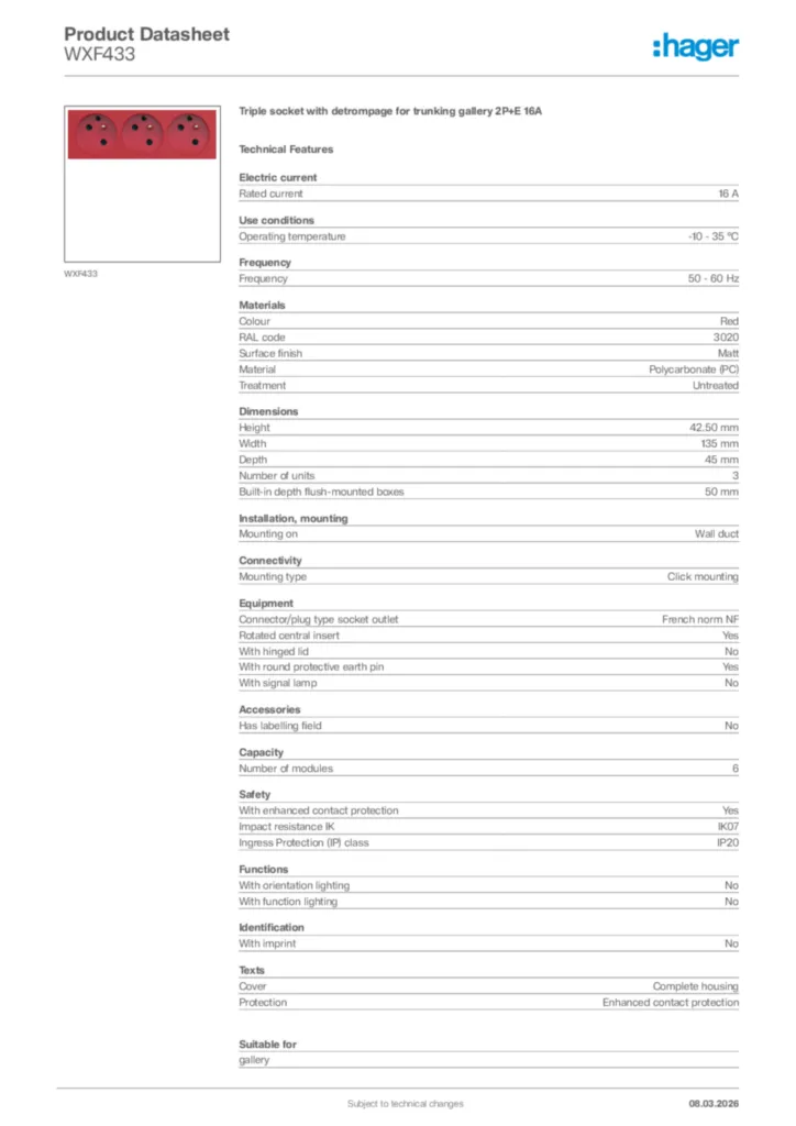 Image Hager Product data sheet WXF433  | Hager Africa