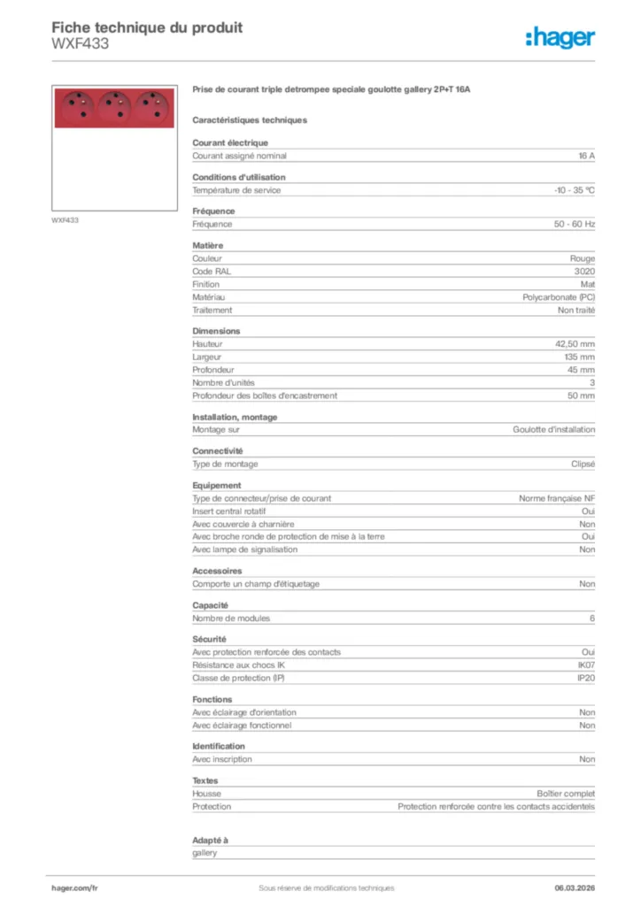 Image Hager Fiche technique du produit WXF433 | Hager France