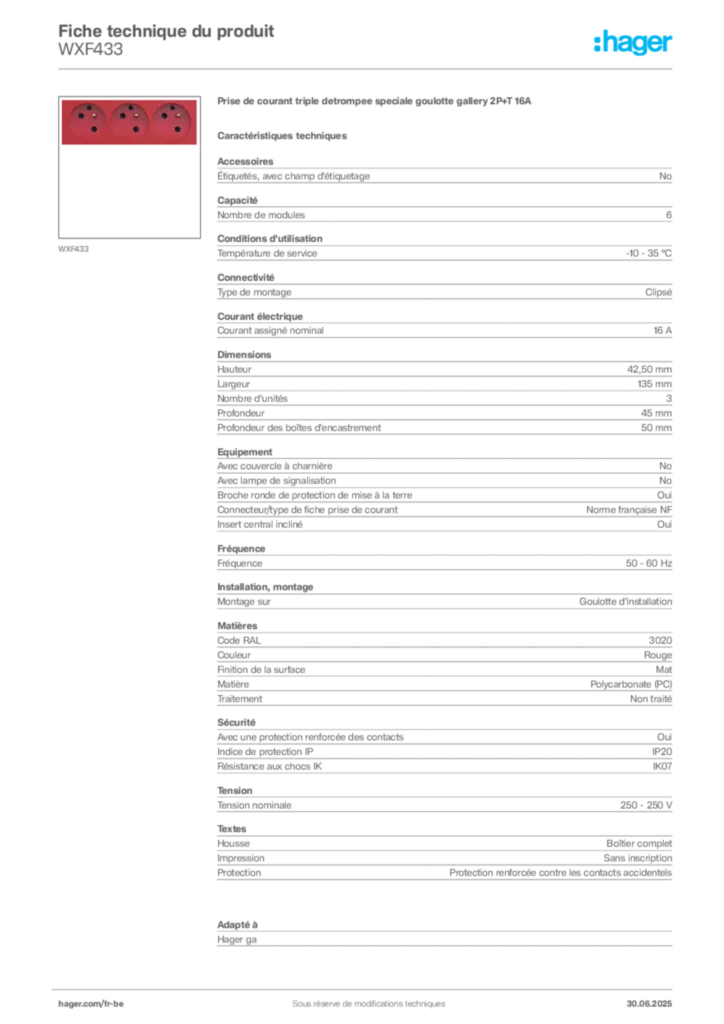 Image Hager Fiche technique du produit WXF433 | Hager Belgique