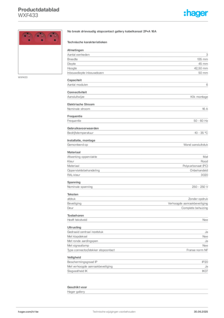 Afbeelding Hager Productdatablad WXF433 | Hager Belgium