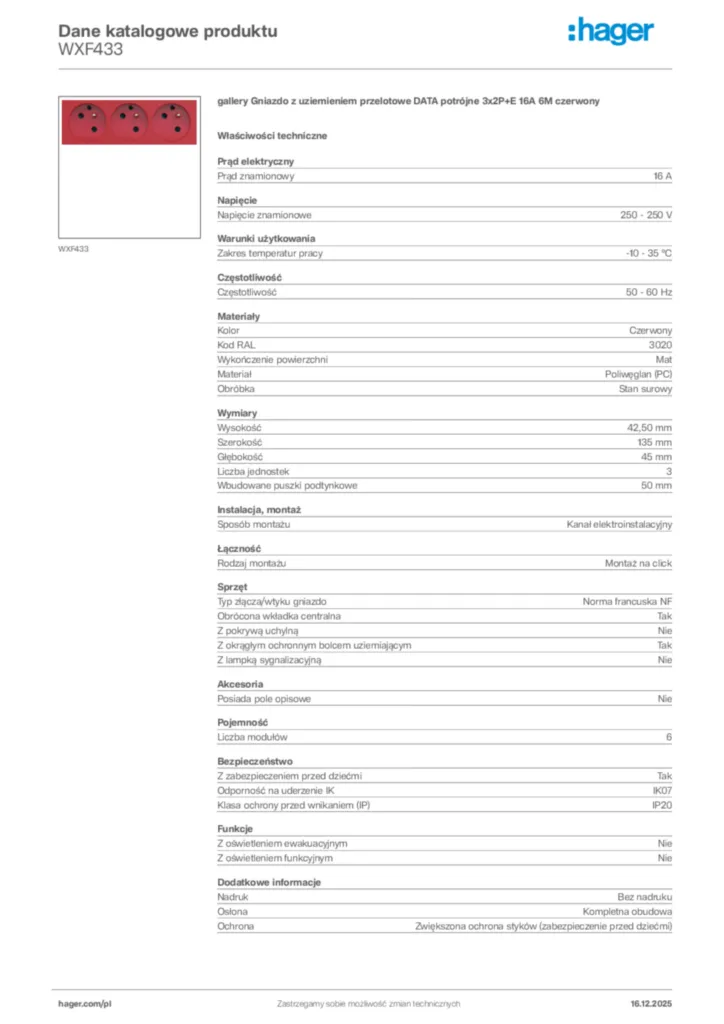 Zdjęcie Hager Karta katalogowa WXF433 | Hager Polska