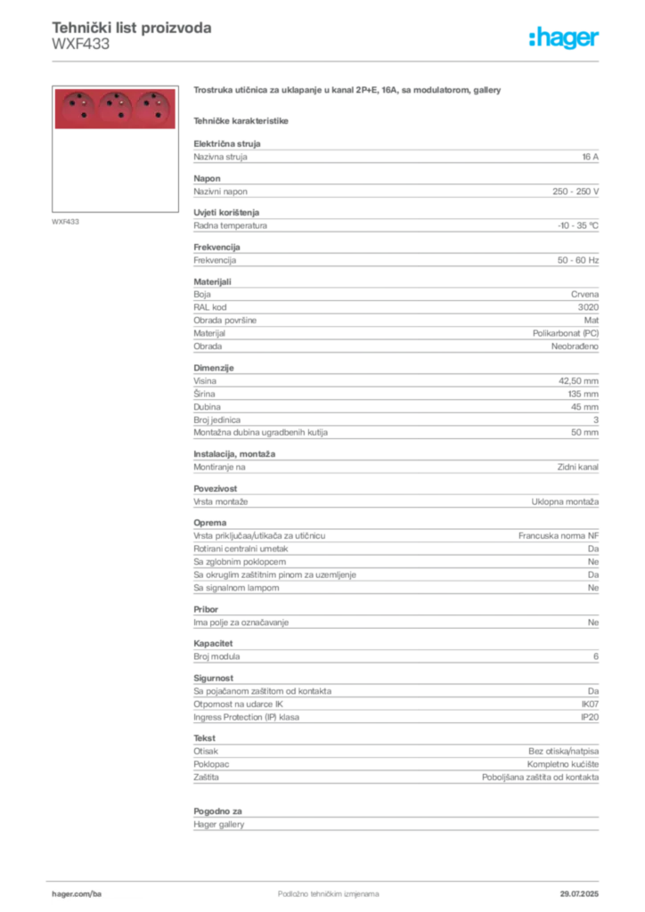 Slika Hager Product data sheet WXF433  | Hager
