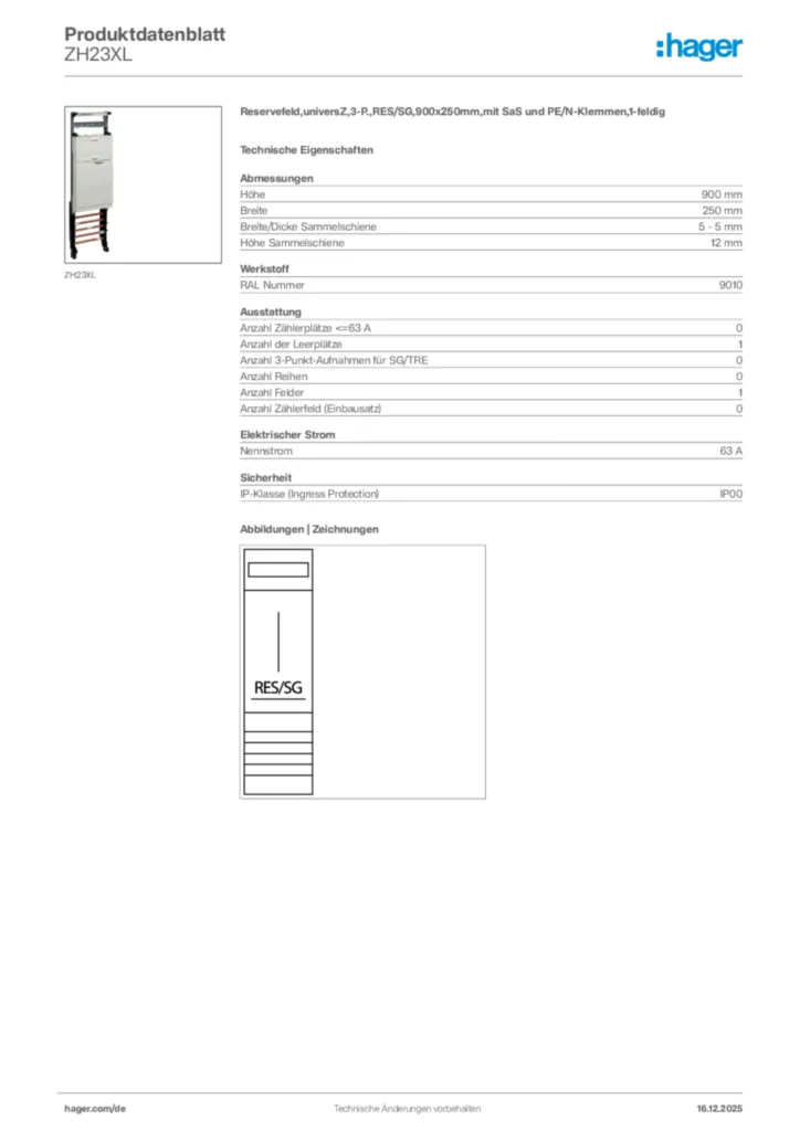 Bild Hager Produktdatenblatt ZH23XL | Hager Deutschland