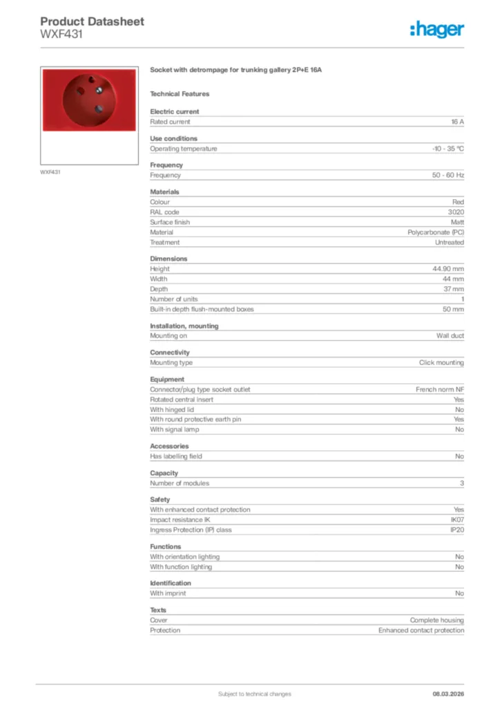 Image Hager Product data sheet WXF431  | Hager Africa
