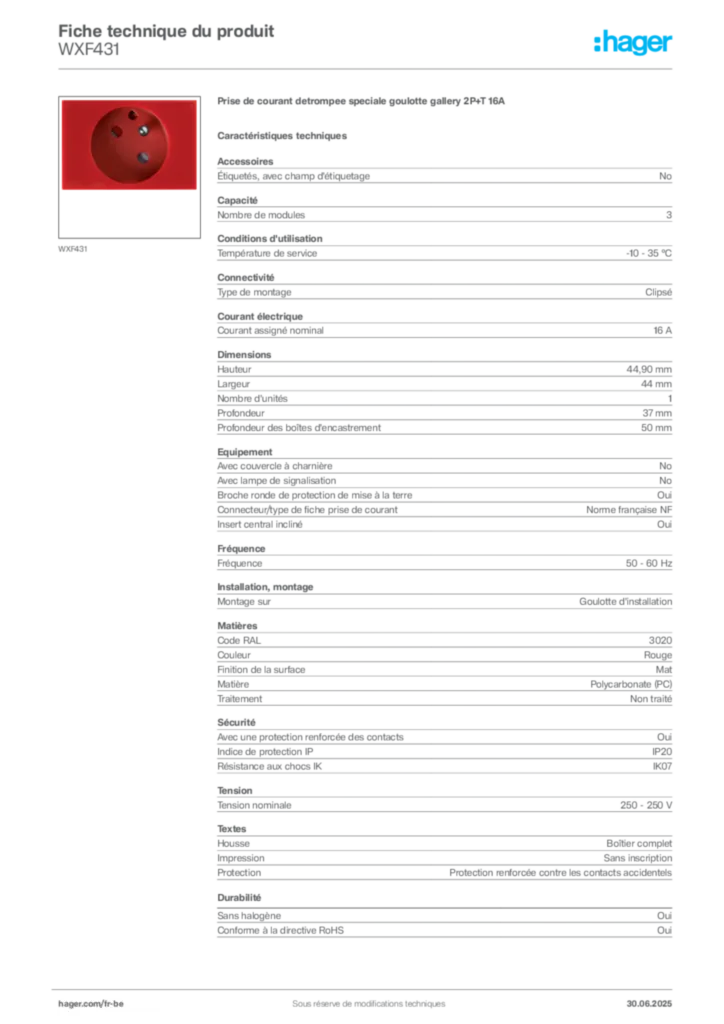 Image Hager Fiche technique du produit WXF431 | Hager Belgique