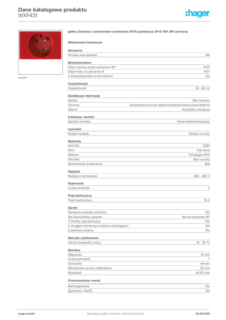 Zdjęcie Hager Karta katalogowa WXF431 | Hager Polska