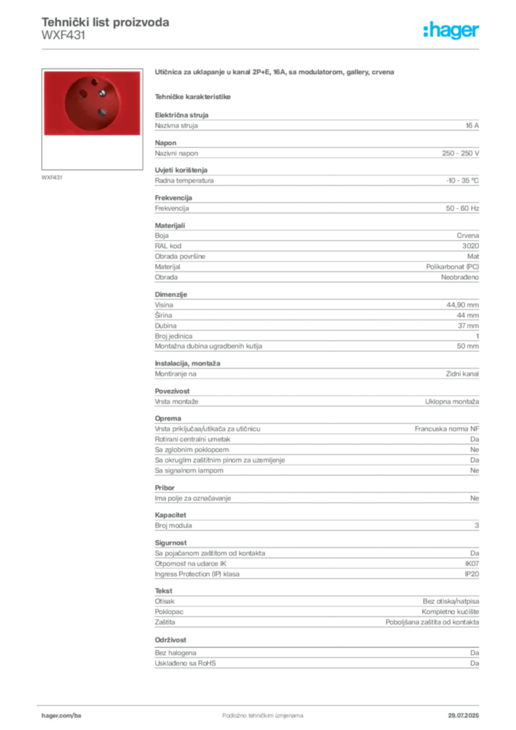 Slika Hager Product data sheet WXF431  | Hager