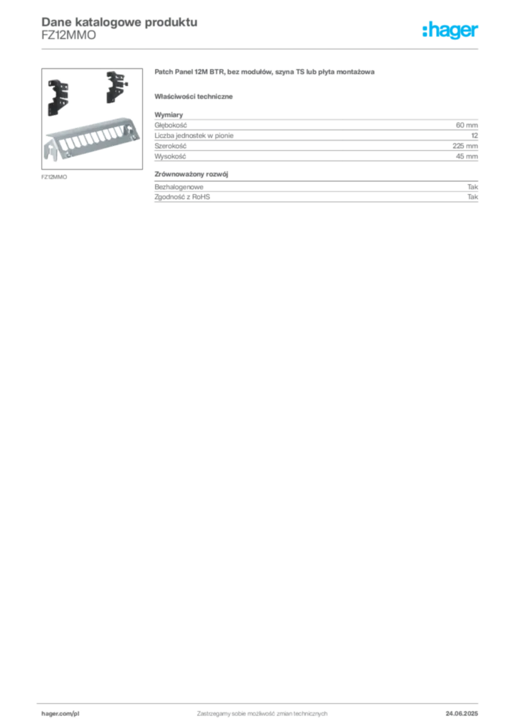 Zdjęcie Hager Karta katalogowa FZ12MMO | Hager Polska