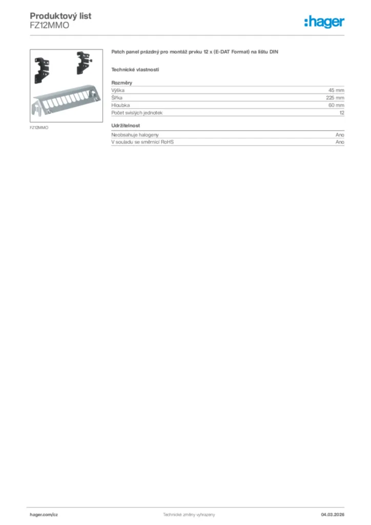 Obrázek Hager Product data sheet FZ12MMO | Hager