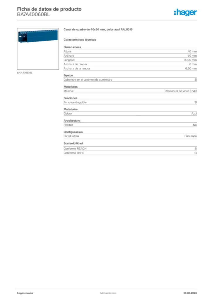 Imagen Hager Ficha de datos de producto BA7A40060BL | Hager España