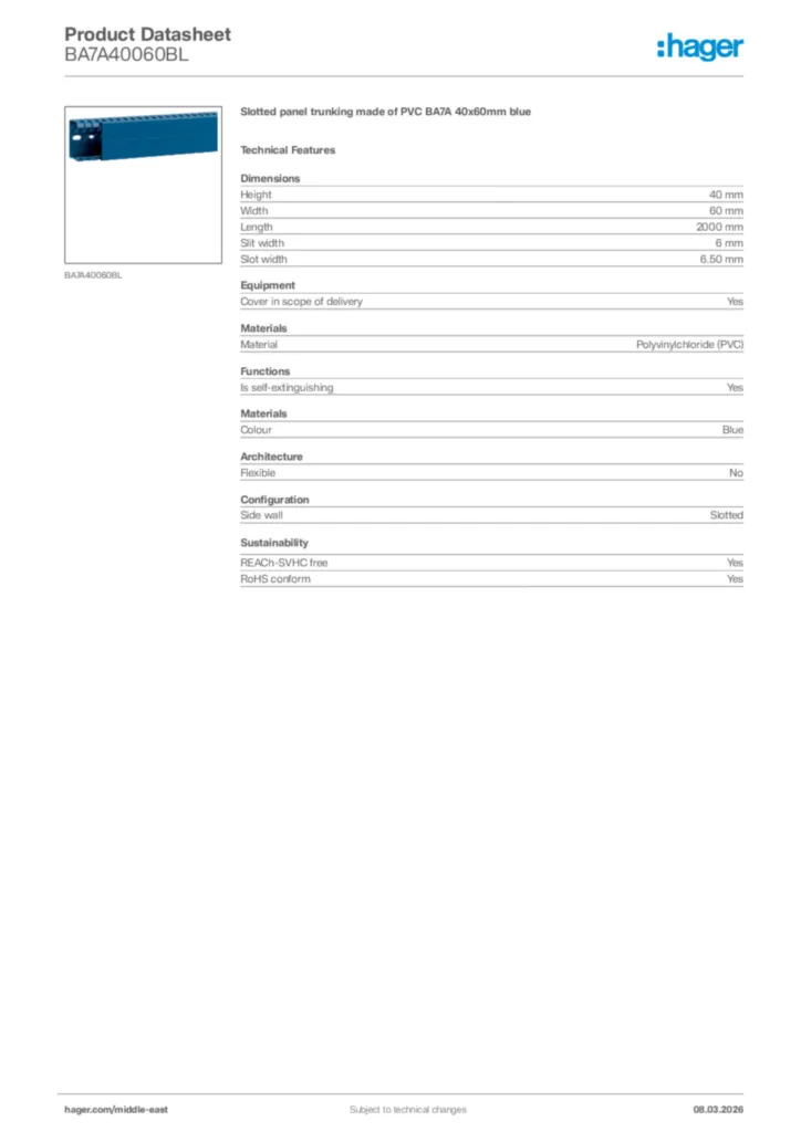 Image Hager Product data sheet BA7A40060BL  | Hager