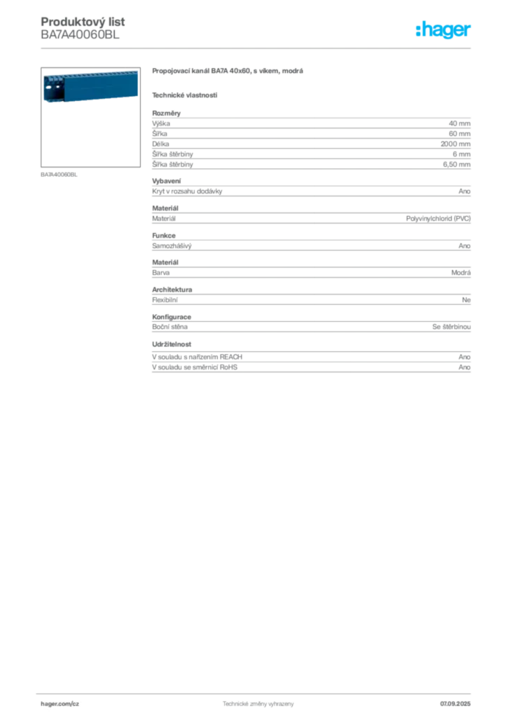 Obrázek Hager Produktový list BA7A40060BL | Hager