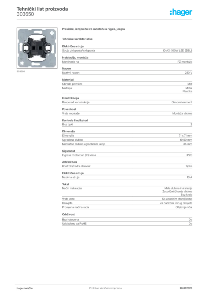 Slika Hager Product data sheet 303650  | Hager
