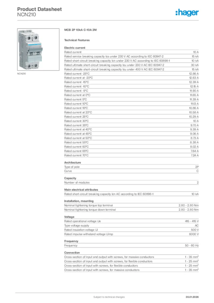Image Hager Product data sheet NCN210  | Hager