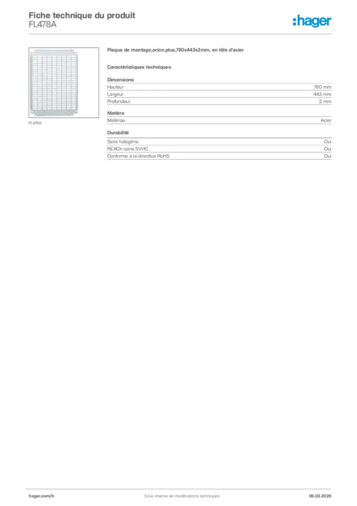 Image Hager Fiche technique du produit FL478A | Hager France