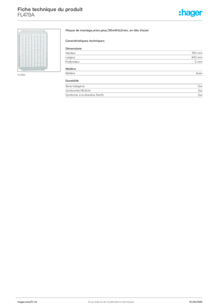 Image Hager Fiche technique du produit FL478A | Hager Suisse