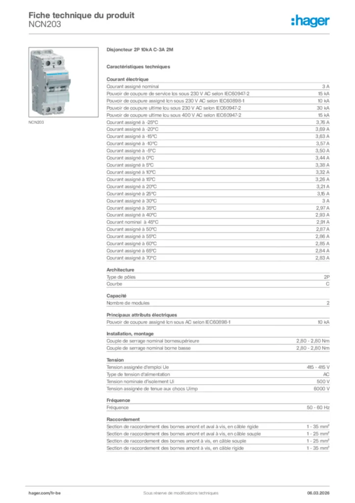 Image Hager Fiche technique du produit NCN203 | Hager Belgique