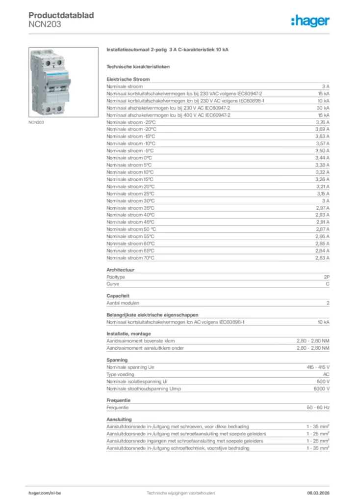 Afbeelding Hager Productdatablad NCN203 | Hager Belgium