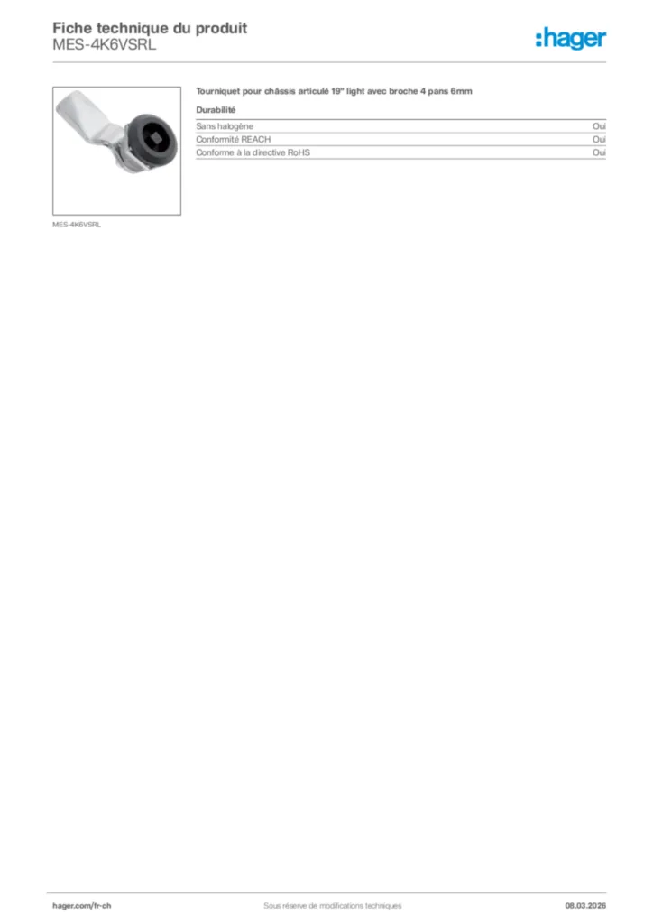 Image Hager Fiche technique du produit MES-4K6VSRL | Hager Suisse