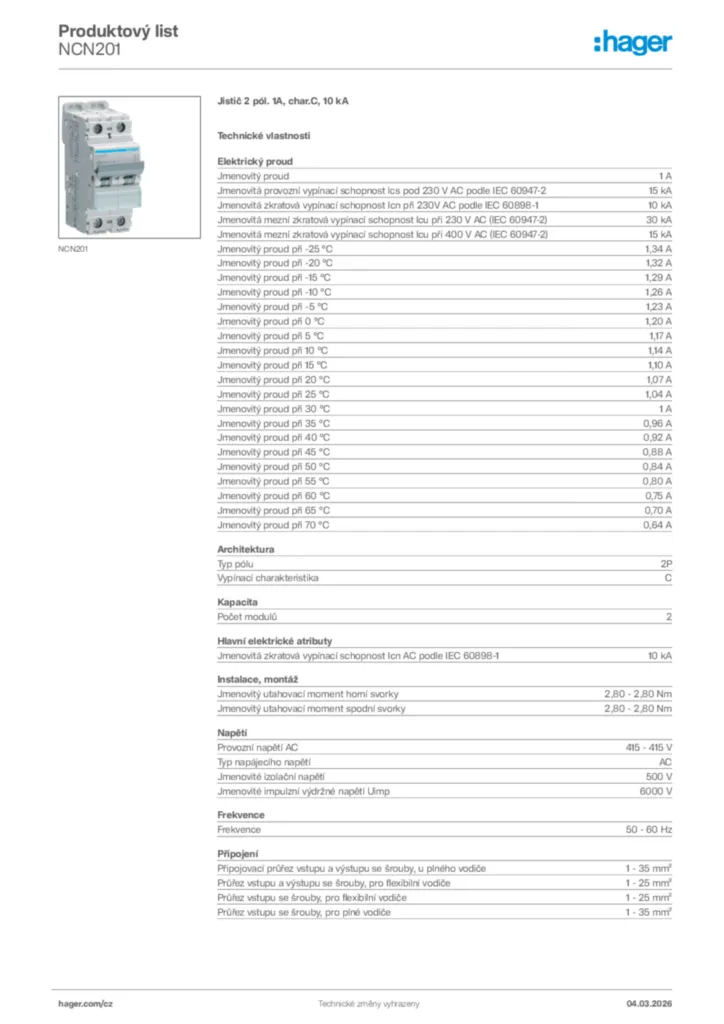 Obrázek Hager Product data sheet NCN201 | Hager