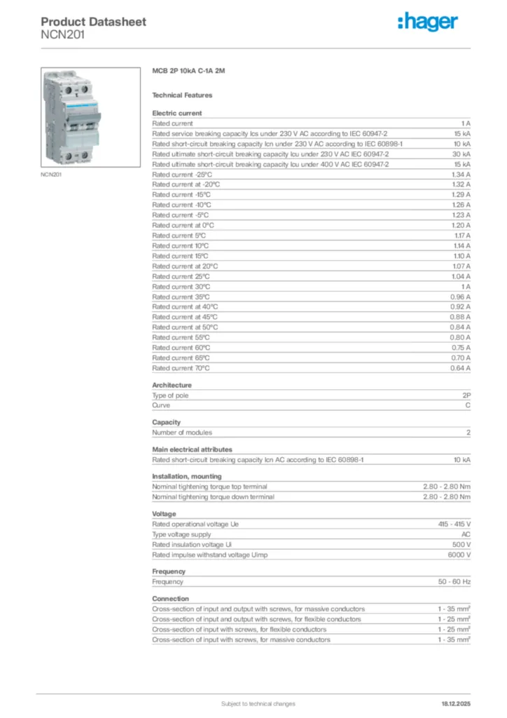 Image Hager Product data sheet NCN201  | Hager