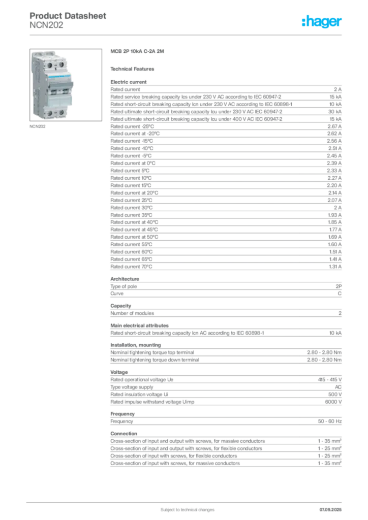 Image Hager Product data sheet NCN202  | Hager