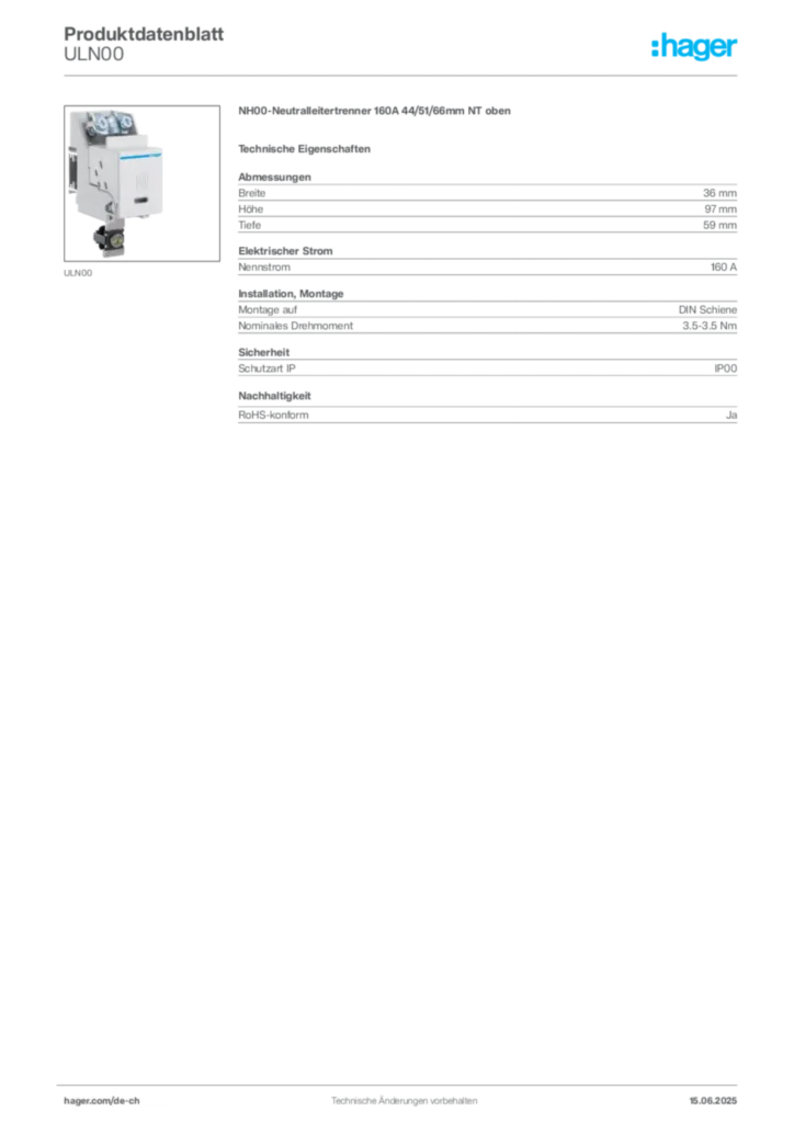 Bild Hager Produktdatenblatt ULN00 | Hager Schweiz