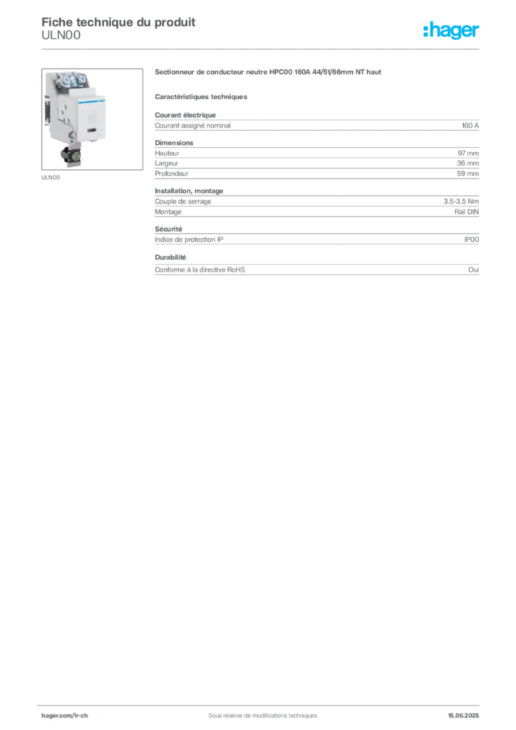 Image Hager Fiche technique du produit ULN00 | Hager Suisse