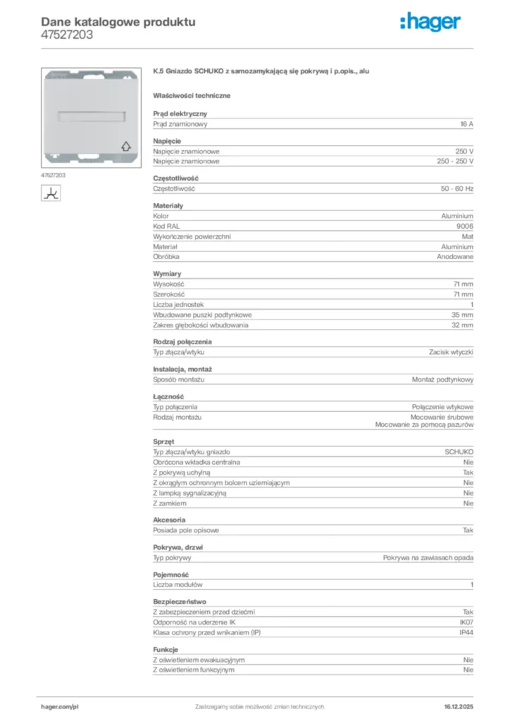 Zdjęcie Hager Karta katalogowa 47527203 | Hager Polska